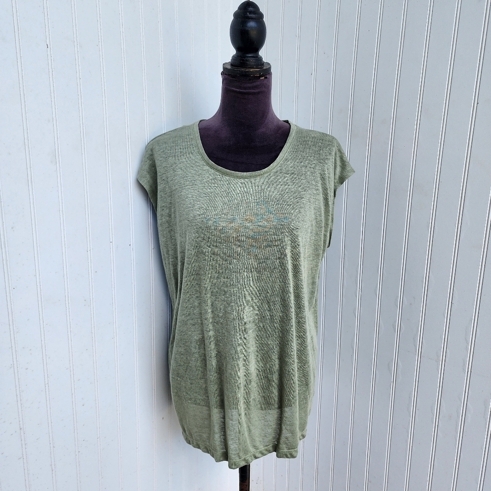 Tahari Top M Green Linen Button Back Sleeveless Blouse Minimalist Casual Summer